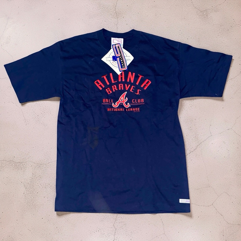 Vintage 1996 Atlanta Braves Mens M T-Shirt Crable MLB USA Made Navy Deadstock